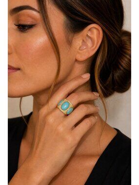 Gold Tone Faux Turquoise Statement Ring Pave Crystal Wide Band Boho Size 7.25